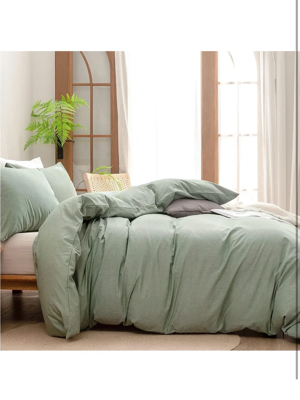 NEW BESTOUCH 100% Washed Cotton Duvet Cover Set. Linen Feel. 3 PCs Green Full